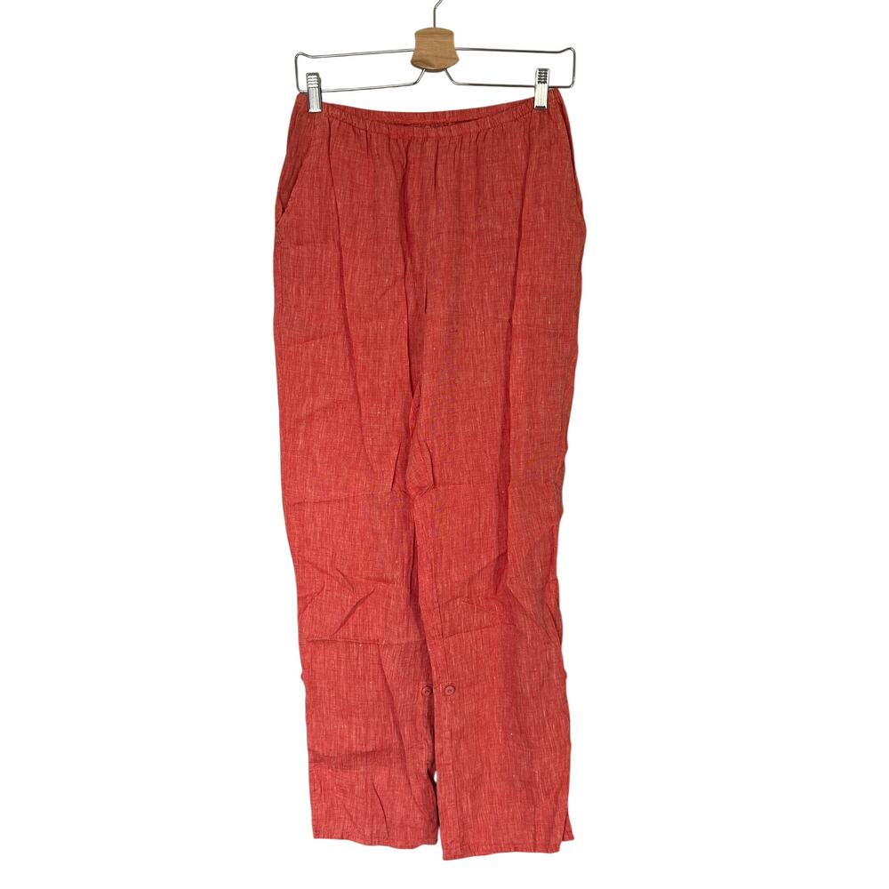 Flax Linen Wide Leg Pants Size Size S Pockets Pull On Orange Roll Tabs Lagenlook